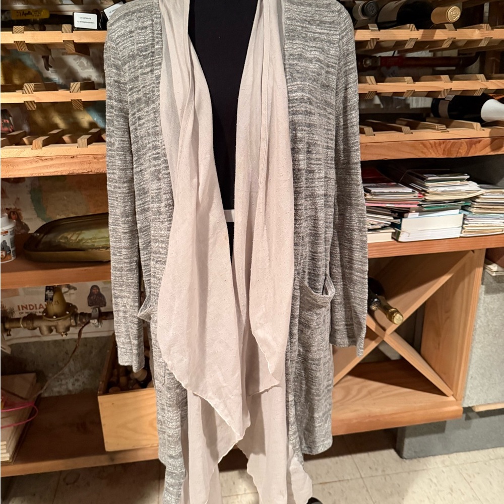 Open-Front Draped Cardigan with Contrast Cream Panel - Gray/Cream